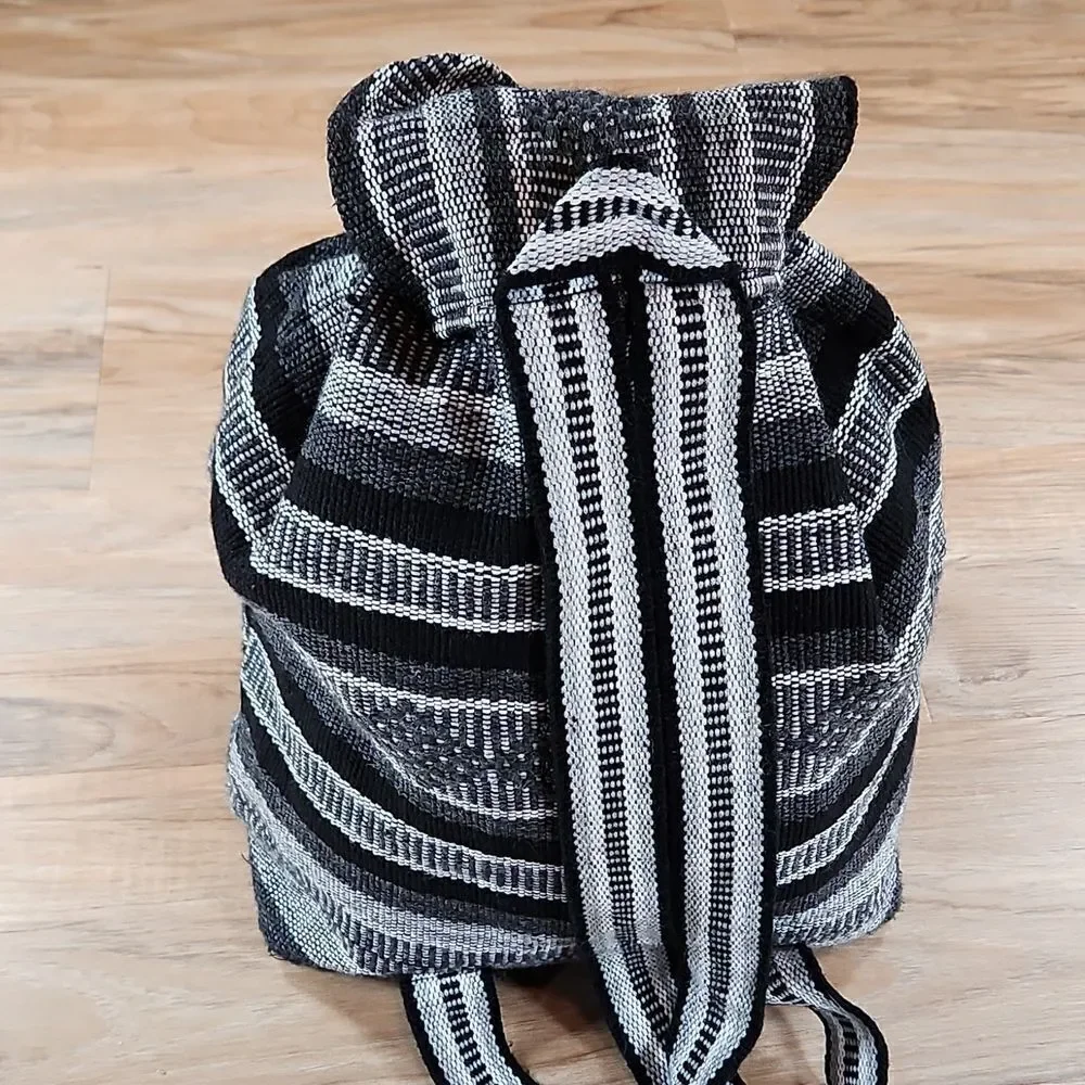 EUC Blk/Gray Striped Blanket Drawstring Backpack